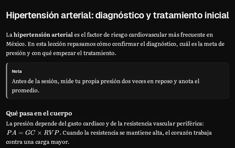 Editor de Neuroglia Space: un Item sobre hipertensión arterial con texto, una nota destacada, una fórmula y, en pantallas grandes, el panel de propiedades con estado, tipo, fechas, relaciones y material.