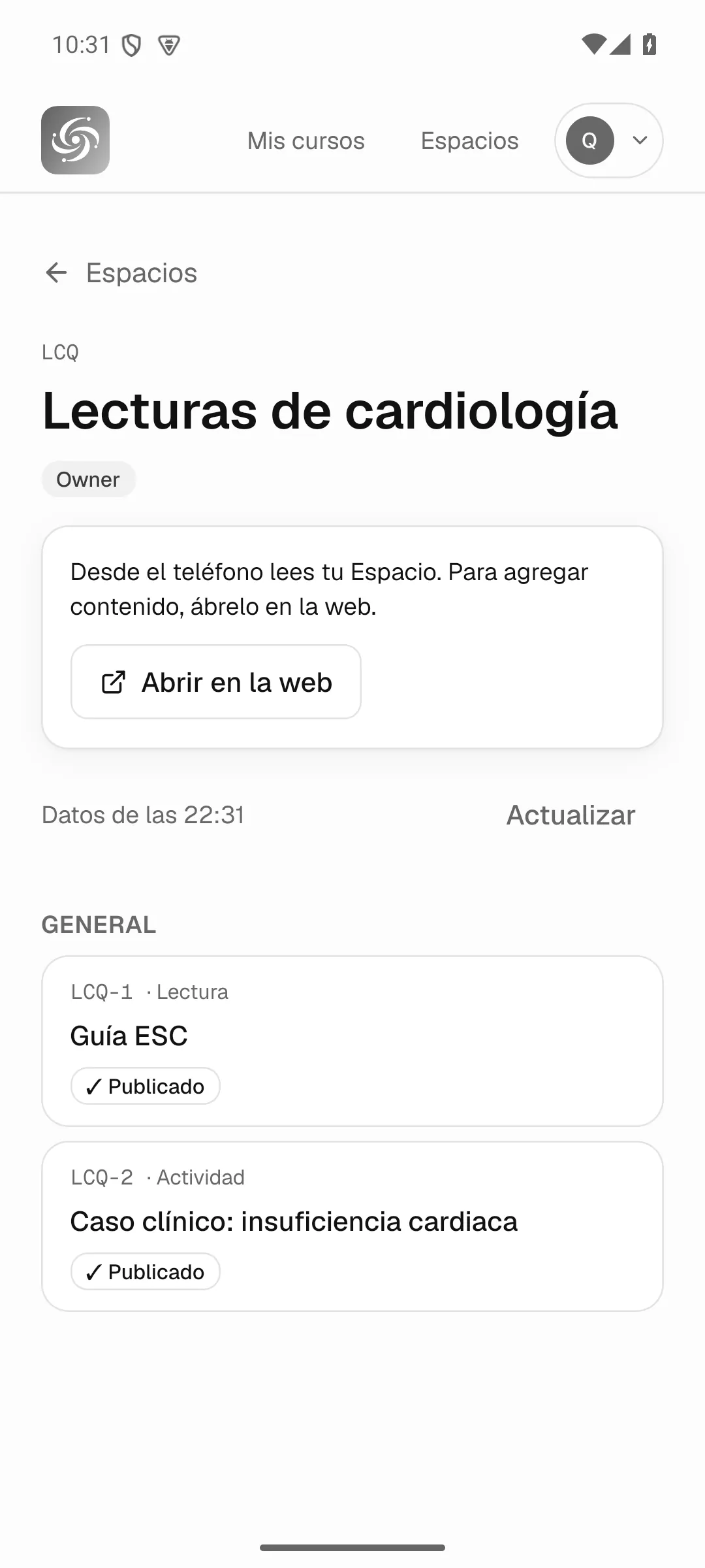 App para Android: el Espacio «Lecturas de cardiología» con sus Items publicados, cada uno con su clave y tipo.