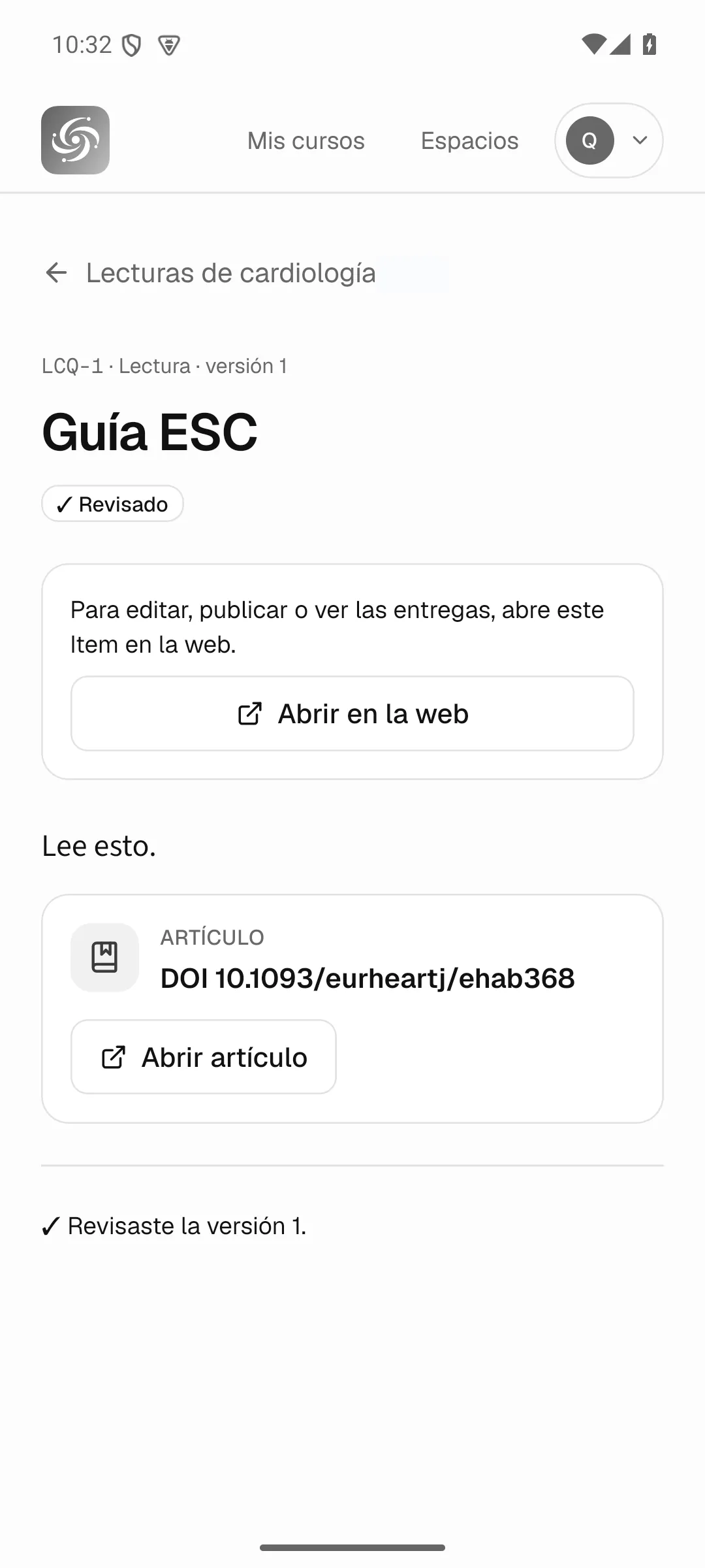 App para Android: el Item «Guía ESC», versión 1, marcado como revisado, con una tarjeta de artículo por DOI.